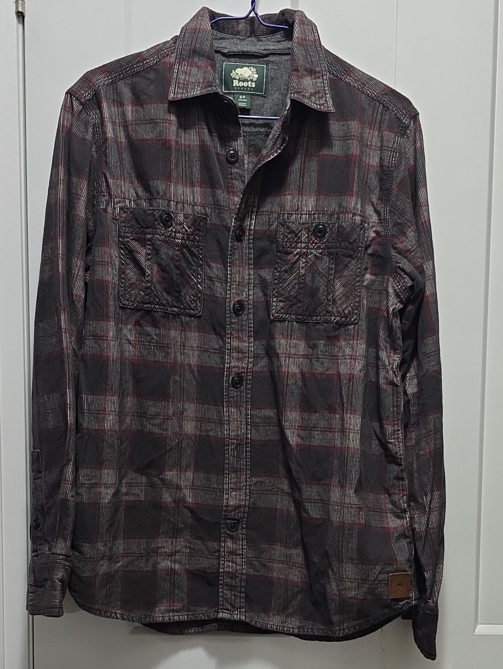 Roots Men's Plaid Button-Up Shirt in Gray and Red